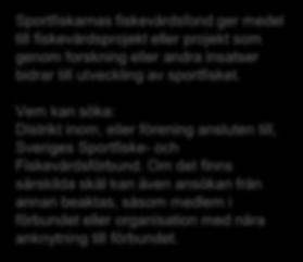 Sportfiskarnas fonder för fiske och fiskevård Riktar sig till utveckling av sportfisket och sportfiskets förutsättningar. Ansökan lämnas till Sportfiskarna. Mer info: https://www.
