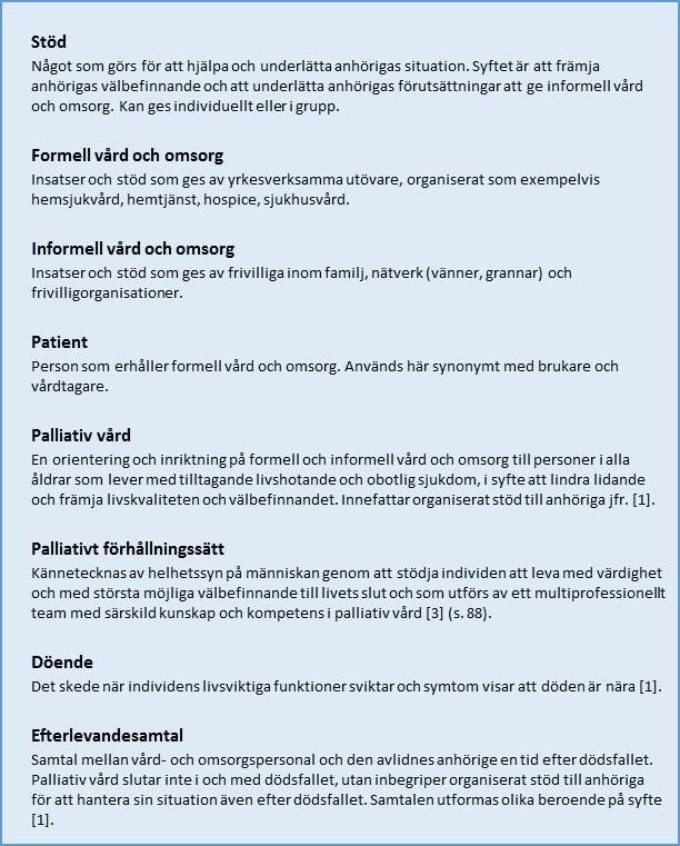 till anhöriga, och Socialstyrelsen bedömer att denna del inom palliativ vård bör förbättras [9]. Variationer i omfattningen av stöd och vård med palliativt förhållningssätt som finns utvecklat kan bl.
