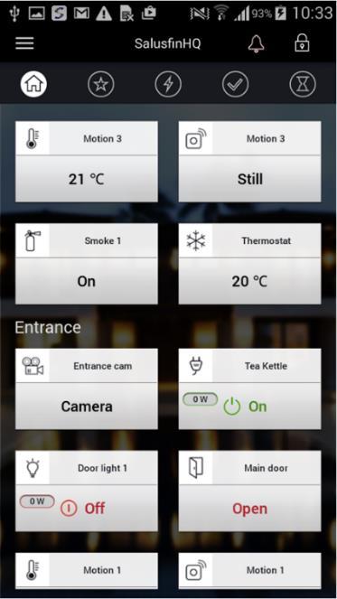 APP Hemvyn Realtidsvisning av komponentstatus. Styr komponenter och enheter Hemvyn uppdateras regelbundet var 15: e sekund.