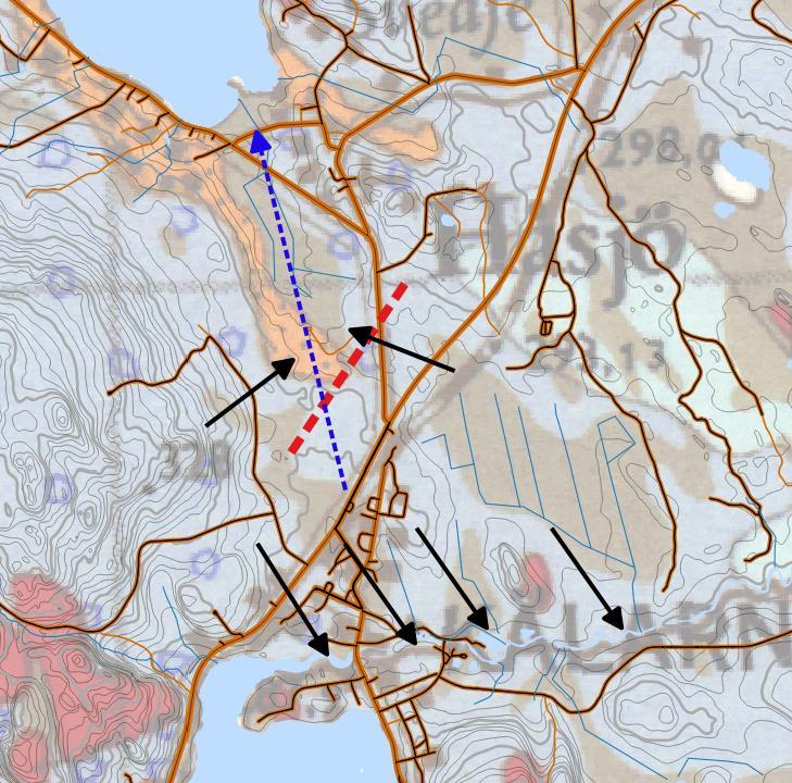 Vattentäkt Figur 6. Kartan visar tolkade storskaliga grundvattenströmningen i området med blå pil.
