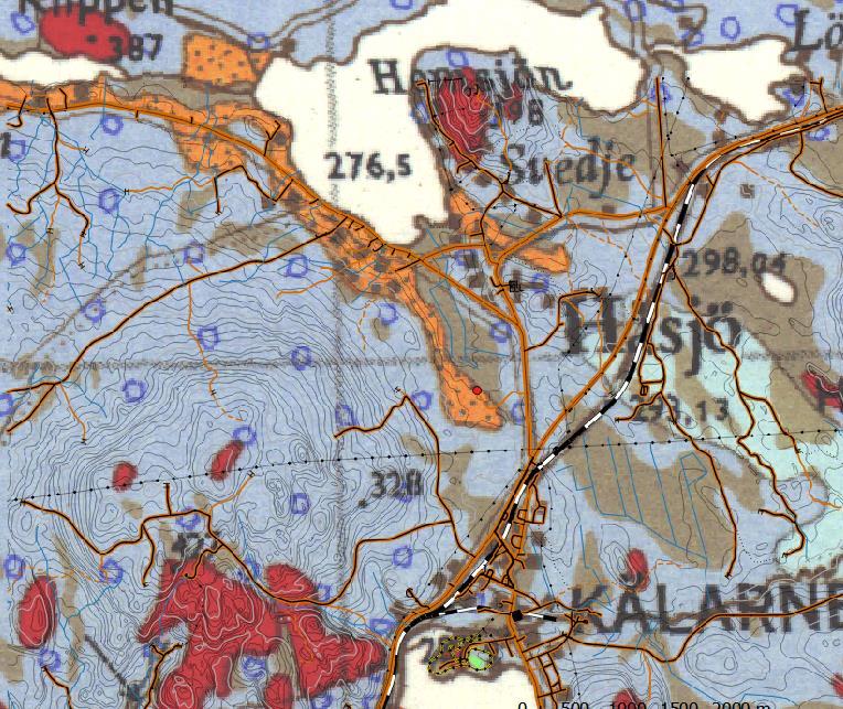 Figur 2. Kartan visar ett utdrag från SGU:s jordartskarta Ca nr 45 från 1969. Blåa fält utgörs av siltig morän, bruna av torv.