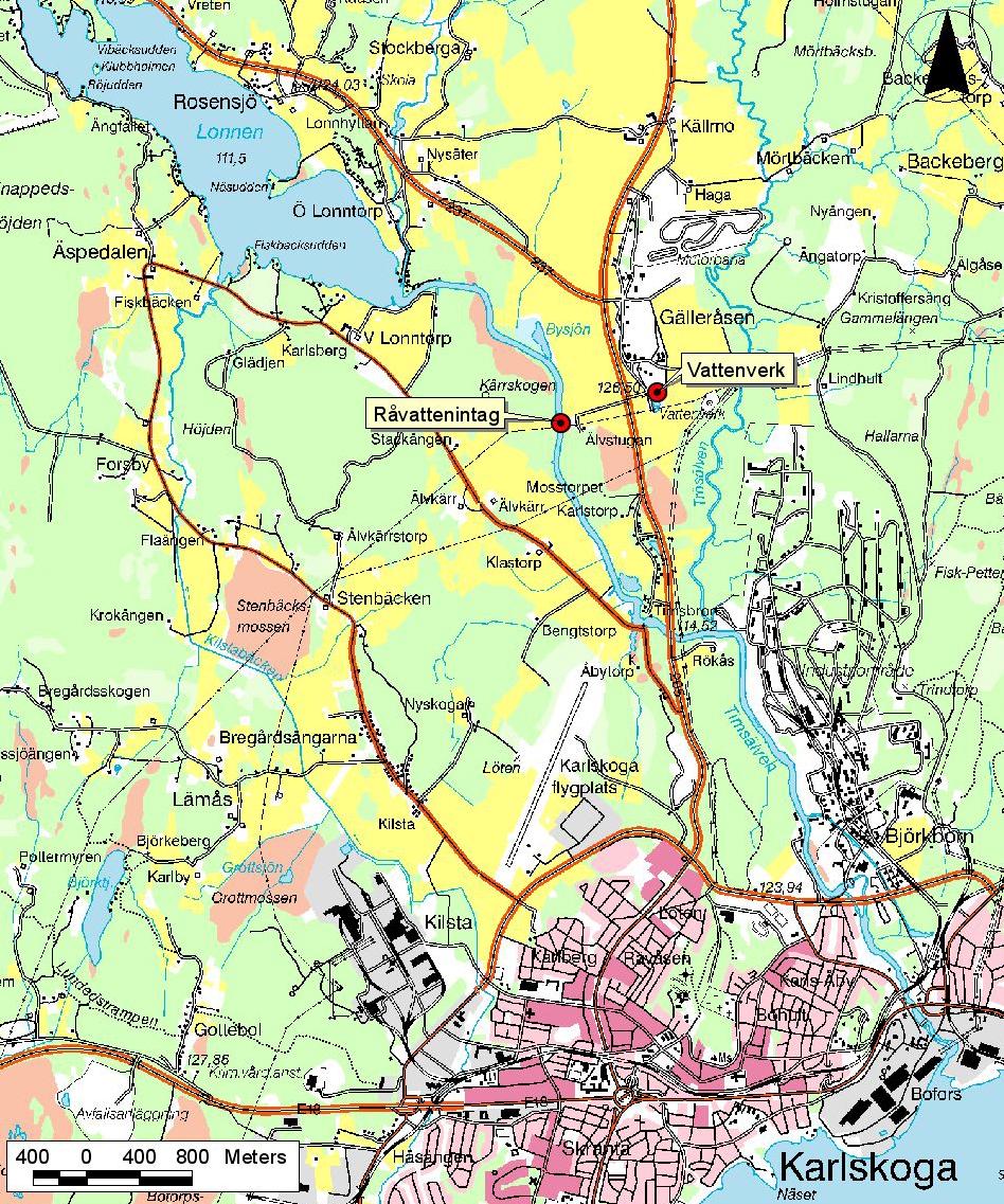 2 Gälleråsen vattentäkt 2.1 Lokalisering Gälleråsen vattenverk är beläget ca 4 km norr om de centrala delarna av Karlskoga. Figur 2.1. Översikt 2.