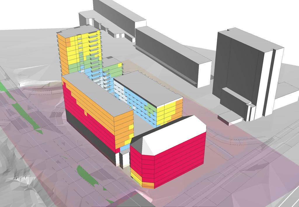 Bilaga 5 Buller vid fasad prognosår 2030 Vy från nordväst Riddersvik Riddersvik Studentbostäder Beräkning nr:17 Filnamn:5-F_Leq_DetaljP Ekvivalent ljudnivå vid fasad Värden vid hus avser