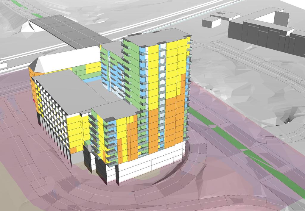 Bilaga 6 Buller vid fasad prognosår 2030 Vy från sydöst Riddersvik Riddersvik Studentbostäder Beräkning nr:17 Filnamn:6-F_Leq_DetaljP Ekvivalent ljudnivå vid fasad Värden vid hus avser