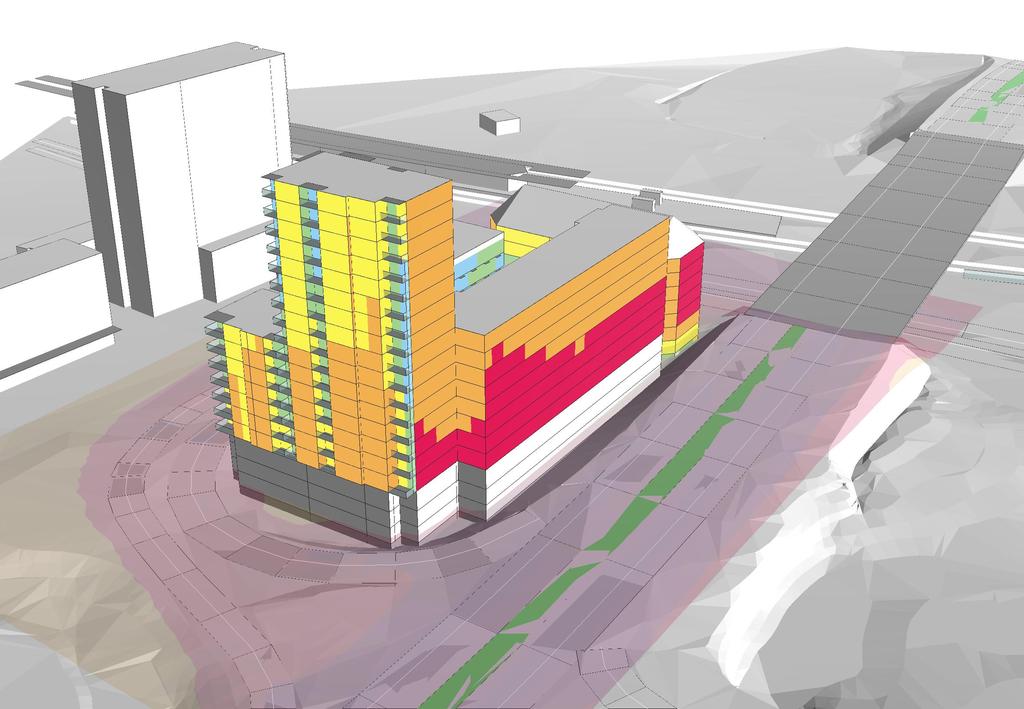 Bilaga 7 Buller vid fasad prognosår 2030 Vy från nordöst Riddersvik Riddersvik Studentbostäder Beräkning nr:17 Filnamn:7-F_Leq_DetaljP Ekvivalent ljudnivå vid fasad Värden vid hus avser