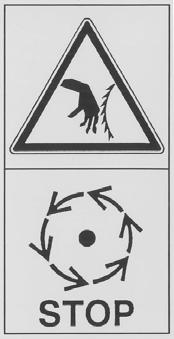 Symbolen till höger visar följande: Varning! Dekal 1: Studera instruktionsboken noga innan användning, så att brukaren känner maskinen väl. Varning! Dekal 2: För ej in händer eller fingrar i närheten av klingan då maskinen är igång.