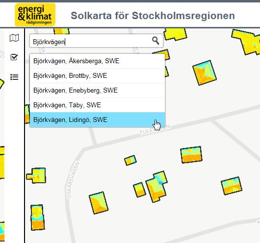 Via sökrutan kan man söka på specifika adresser eller platsnamn.