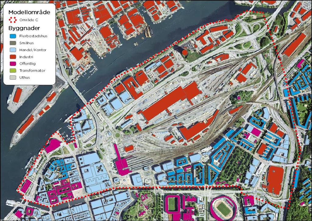 Modelldokumentation för Område C Centrala Göteborg 8 av 39 Figur 2 Byggnadstyper i modellområdet. Flera viktiga infrastrukturer finns i, eller korsar, området.