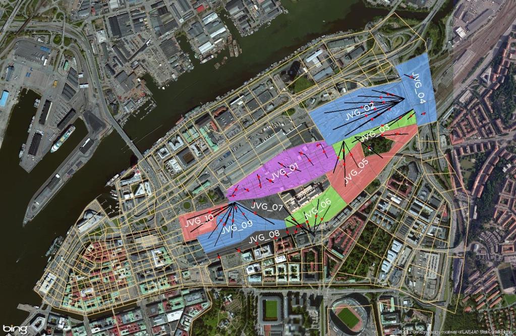 Modelldokumentation för Område C Centrala Göteborg 21 av 39 Figur 14 Översikt av de avrinningsområden som har uppdaterats i Mike Urban modellen.