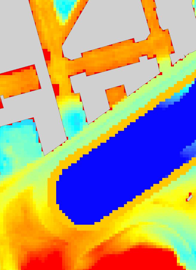 Modelldokumentation för Område C Centrala Göteborg 27 av 39 Skyddsbarriär G3 N och G3 S, samt muren mellan de två Figur 21 Mike 21 modellen före och efter ändring av skyddsbarriär G3 N och G3 S runt