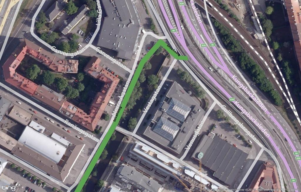 Modelldokumentation för Område C Centrala Göteborg 29 av 39 Figur 23 Den gröna ytan visar den simulerade invallningen upp till +2,5 m RH2000 som är använd i