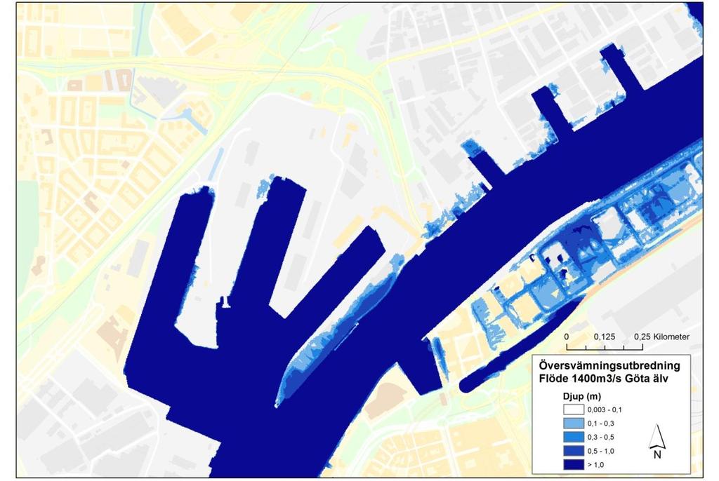 Figur 8: Översvämningseffekter orsakat av höga flöden i Göta älv vid flöde 1400 m3/s (flöde Göteborgsgrenen 435 m 3 /s) enligt MSB:s översvämningskartering (MSB 2013) Kvillebäcken Inom ramen för