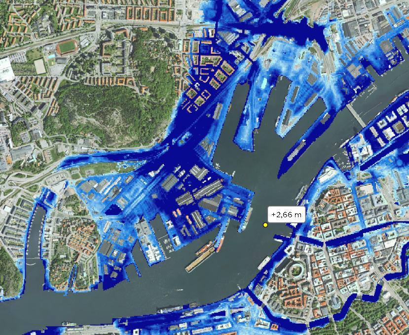 Figur 14: Översvämningssituation vid förväntat högsta högvatten år 2100, 200 års nivå +265 med en högvattenförlopp om 24 tim vid samtidigt högflöde (HQ2) i Säveån-Mölndalsån.