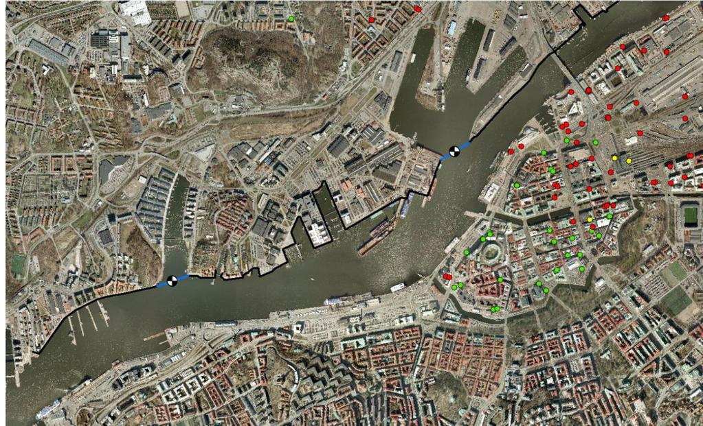 Figur 15: Principlösning med skyddsmur längs Göta Älv från Sörhallsberget till Frihamnen.