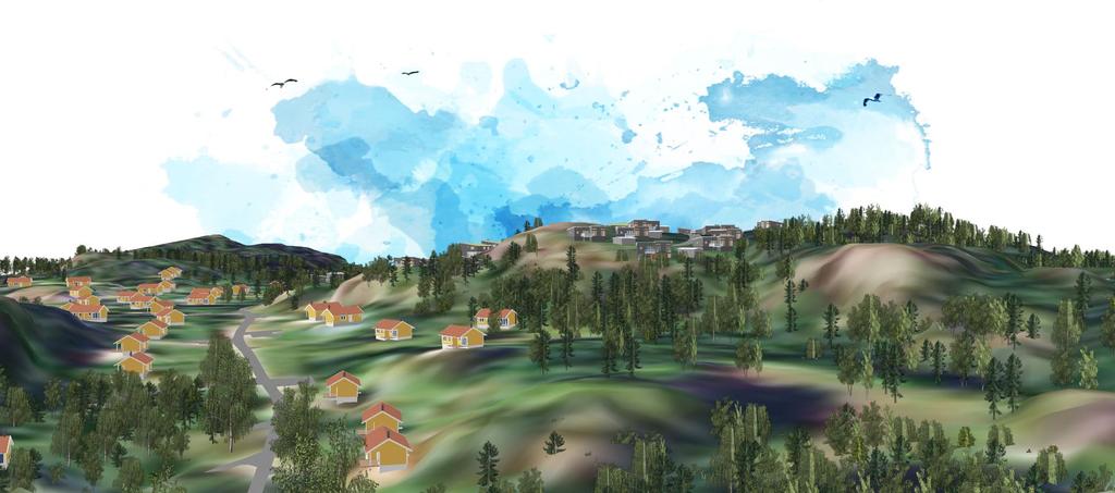 I bakgrunden Ängenområdet som kan ges ljusare och något starkare kulörer. GESTALTNINGSPROGRAM Flygvy som illustrerar hur ny bebyggelse på Kullen i huvudsak underordnas omgivande topografi höjdmässigt.
