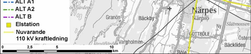 Kraftsledningarna byggs huvudsakligen som luftledningar, men i mån av möjlighet också som jordkablar i miljömässigt känsliga områden. Kraftledningens alternativa sträckningar presenteras i Figur 10.