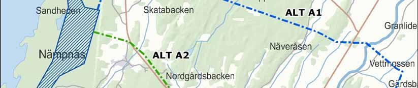 Beträffande elöverföringen undersöks två linjealternativ (alternativen A1 och A2), där vindkraftverken sammankopplas med en 110 kv kraftledning till elstationen i Nixback.