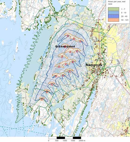 SABA Wind Oy Ab Brännsträsk vind 63 Figur 47. Skuggbildningen från vindkraftverken i alternativ ALT2.