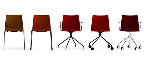 Frame in tubular steel or steel wire in standard (black, white or silver), chrome, or. Seat/back in compression moulded wood with cold foam upholstered in standard or c.o.m. Stackable in configurations chair with 4-legs or sledge base.