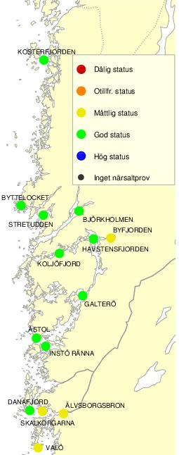 4.3.4 Näringsämnen totalt Utöver bedömning av enskilda näringsämnen görs även en sammantagen bedömning av statusen i kustvattnet med avseende på samtliga näringsämnen enligt HVMFS 2013:19.