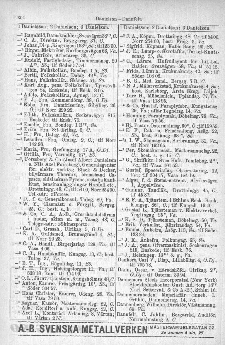 804 Danielson - Dannfelt, l Danielsson; 2 Danielson ; 3 Danielzon. 1 Danielsson; 2 Danielson ; 3 Danielzon. _2 Ragnhild,Damskrädderi,Sveavägen38III,C. _2 J. A., Köpm., Drottningg. 48, C.