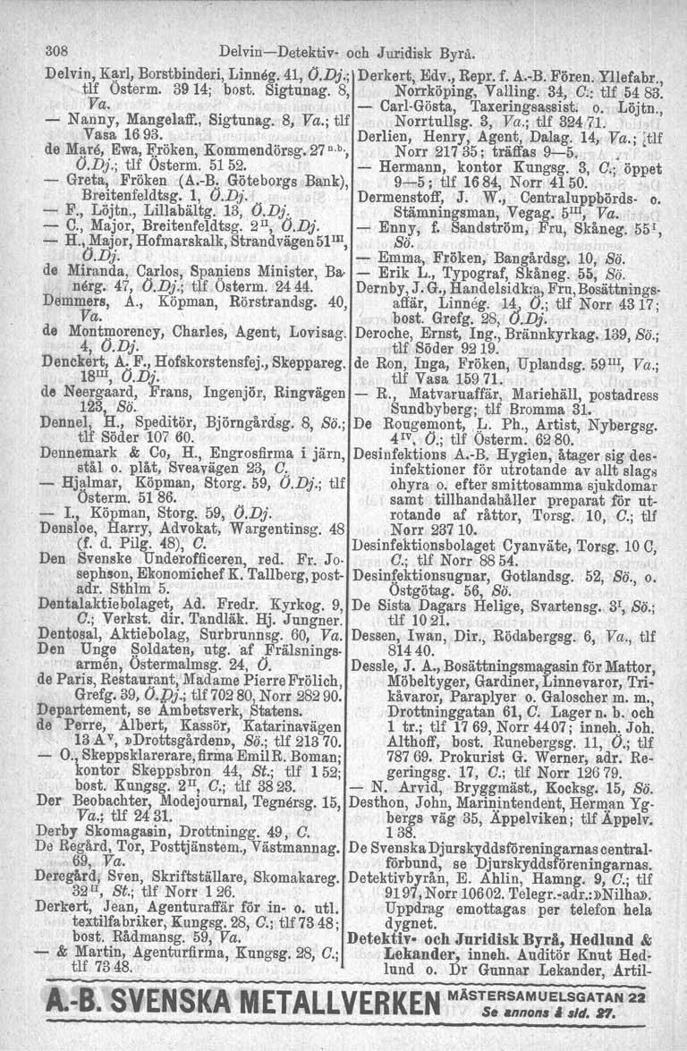 308 Delvin-Detektiv- och Juridisk Byrå. Delvin, Karl, Borstbinderi, Linneg. 41, O.D}.; Derkert, Edv., Repr. f. A.-B. Fören. Yllefabr., tif Osterm. 3914; bost. Sigtunag. 8, Norrköping, Valling.