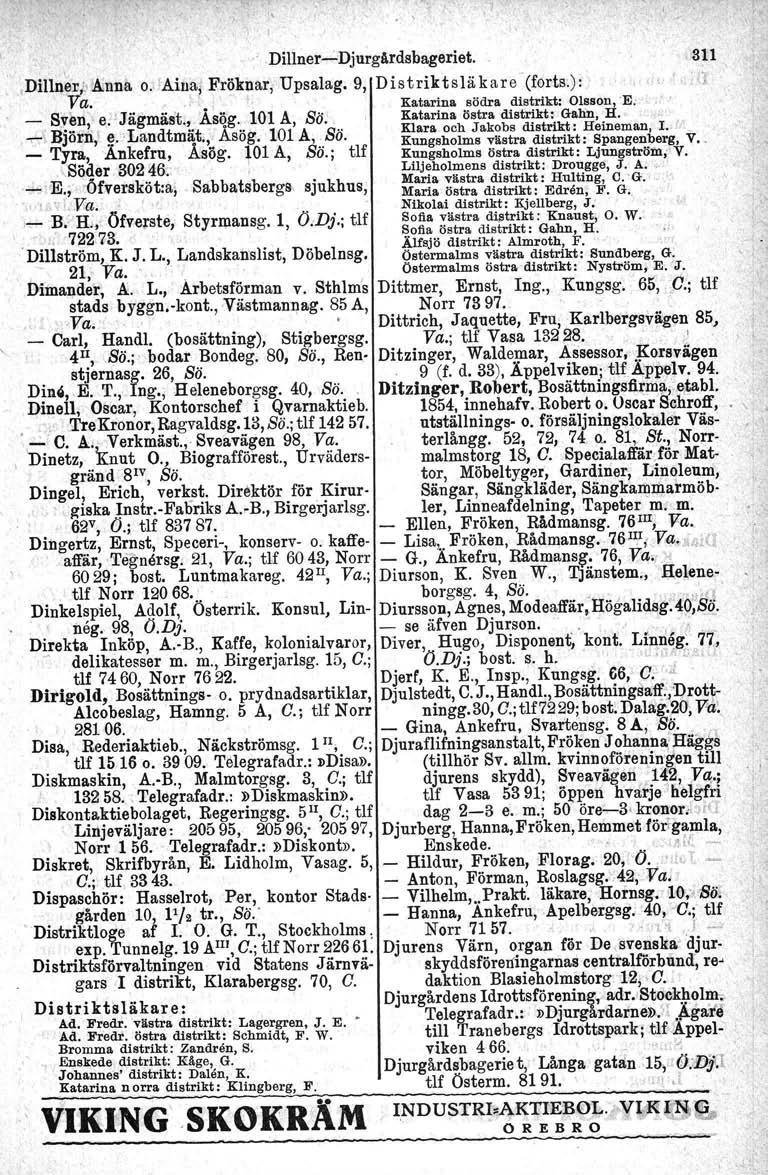 ,Dillner'-:'Dju~gårdsbageriet. 311 l..,dillqer,j;.anna o.iainaj Fröknar, Upsalag. 9, Distriktsläkare (forts:): ",,' d Va..., 1 Katarina södra distrikt: Olsson,'E: _ Sylm,' e:'jägmäst.,. Asög.