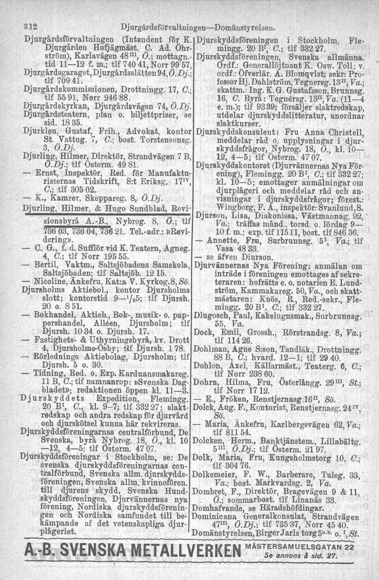 312 Djurgårdsfervaltningen-Domänstyrelsen. Djurgårdsförvaltningen (Intendent för K. Djurskyddsföreningen i Stockholm, Ele- Djurgården Hofjägmäst. C. Ad. Öhr- mingg. 20 BI, C.; tlf 33227.