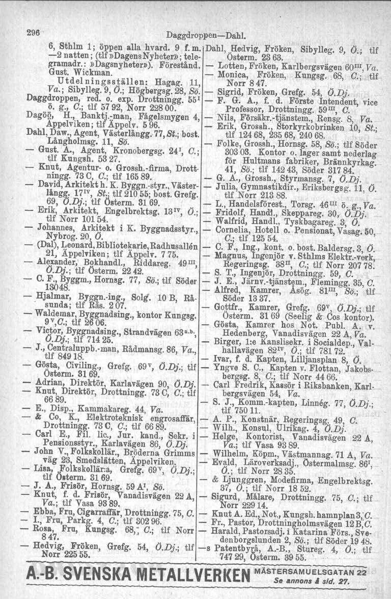 296 Daggdroppen-Dahl. 6, Sthlm 1; öppen allahvard. 9 f.m. Dahl,..Hedvig, Fröken, Sibylleg. 9, O.; tlf -2 natten; (tlf»dagensnyheter»; tele- Osterm. 2363. #l'ramadr.:»dagsnyheter]»). Förestånd.