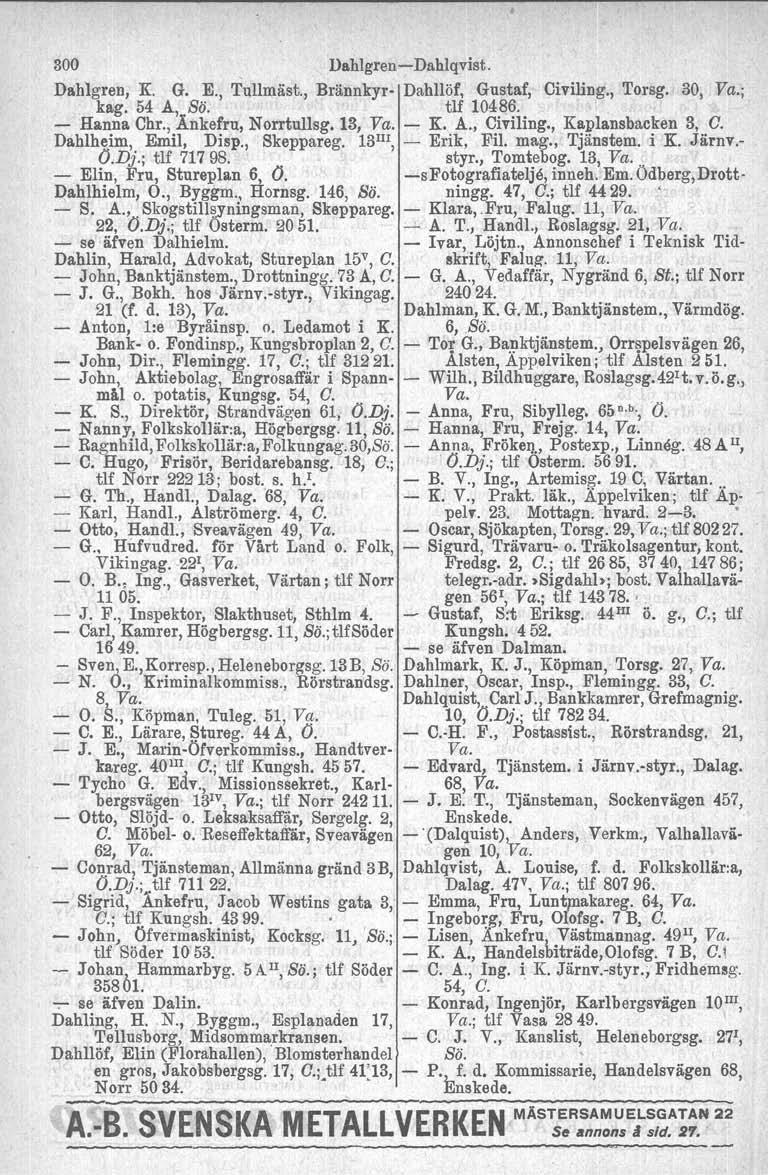 300 DahIgren-DahIqvist. Dahlgren, K. G. E., Tullmäst., Brännkyr- Dahllöf, Gustaf, Civiling., Torsg. 30, Va.; kag. 54 A, Bä. tlf 10486. - Hanna Chr., Ankefru, Norrtullsg. 13, Va. - K. A., Civiling., Kaplansbacken 3, C.