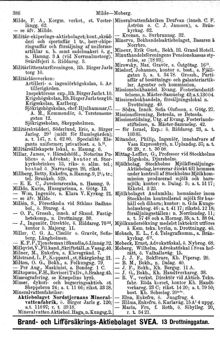 386 Milde-Moberg. Milde, F. A., Korgm. verkst., st. Vester- Mineralvattenfabriken Drufvan (inneh. C. F. långg. 62. Aström o. C.. J. Jansson), s. Brän- - se äfv. Milide. kyrkag.62. Militär-ekiperings-aktiebolaget;kont.