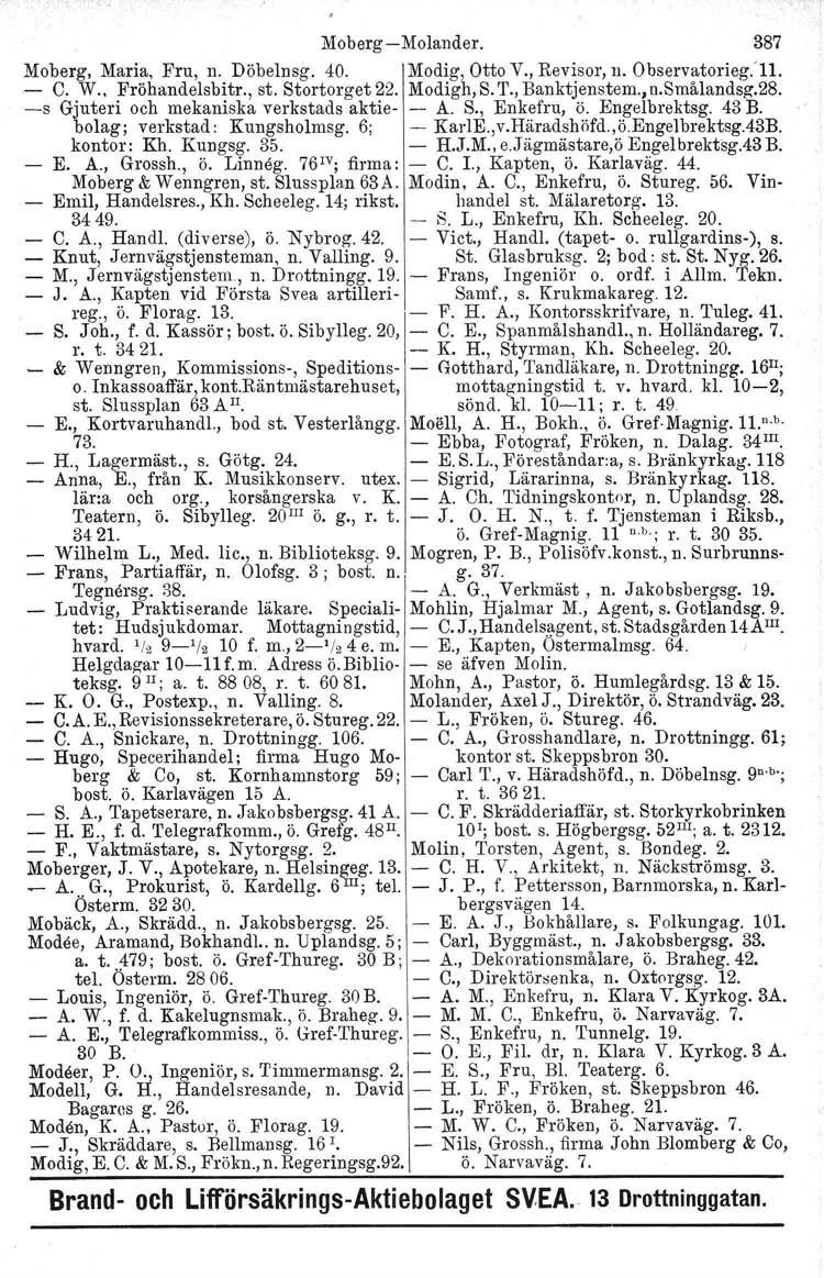 Moberg-Molander. 387 Moberg, Maria, Fru, n. Döbelnsg. 40. Modig, Otto V., Revisor, 11. Observatorieg.Tl, - C. W.. Pröhandelsbitr., st. Stortorget 22. Modigh, S. T., Banktjenstem., n.smålandsg.äd.