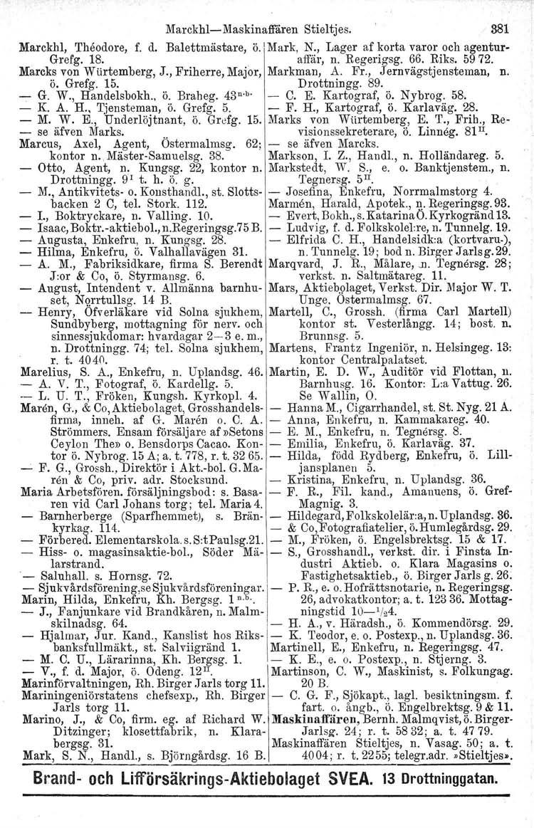 Marckhl-Maskinaffären Stieltjes. 381 Marckhl, Theodore, f. d. Balettmästare, Ö. I Mark, N., Lager af korta varor och agentur- Grefg. 18.. affär, n. Regerigsg. 66. Riks. 5972. Marcks von Wurtemberg, J.