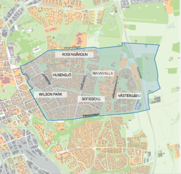 är ett blandat område som omfattar Wilson park, Husensjö, Fältabacken, Rosengården, Sofieberg, Adolfsberg, Ragnvalla och Västergård.