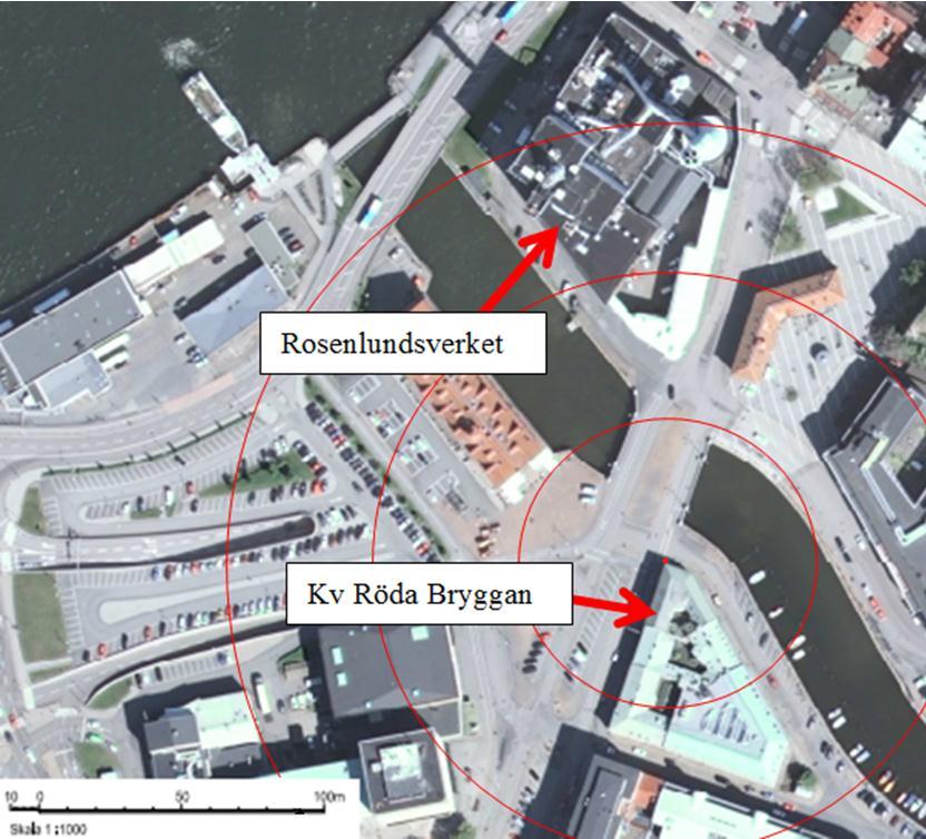 4 Riskutredning för detaljplan för Kv Röda Bryggan inom stadsdelen Pustervik i Göteborg 150 m 100 m 70 m 50 m 0 m Figur 2. Ortofoto över Kv Röda bryggan samt Rosenlundsverket.