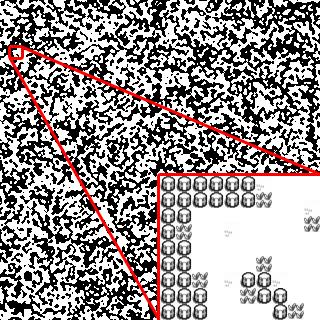 Figur 25 En 1000x1000-grotta som genererats med cellulära automater. Med en del av grottan inzoomad för att visar hur det kan se ut för spelaren.