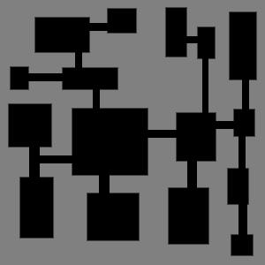 Figur 3 En grotta genererad med tekniken Binary Space Partition(BSP) (efter RogueBasin, 2012c). BSP grottor ger ett intryck av att någon eller något aktivt grävt ut rummen och gångarna.
