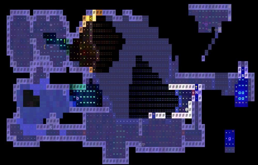Figur 4 Redigerad bild på en grotta från spelet Brogue (Walker, 2009).