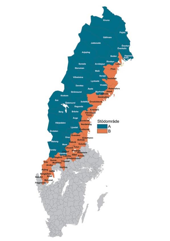 Stödområden Stödområde A: Sorsele, Storuman, Vilhelmina, Dorotea, Åsele, Lycksele, Malå, Norsjö, Vindeln och