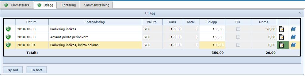 Till det registrerade utlägget ska ett kvitto bifogas reseräkningen, se Bifoga Kvittobilaga nedan.