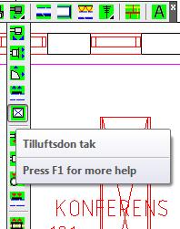 De sista två rummen är konferensrum. Här skall vi placera in Kylbafflar med tilluft. 109 KB är 2400 x 600. Ange Längd 2400 Bredd 600. Upprepa inplaceringen av de tre övriga takdonen.