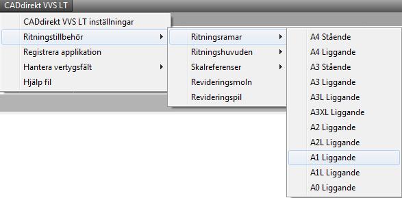 12 CADdirekt VVS LT Inställningsdialog/Verktygsfält. Inställningsdialog Detta val öppnar inställningsdialogen. Här gör du inställningar för hur ritningen skall se ut.