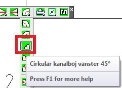 Hämta en kanalböj 45 vänster. Commandfältet frågar: Current line type: "Bylayer Elbow Size/<315> Tryck enter. Ange insättningspunkten i ändpunkten på kanalens centrumlinje.
