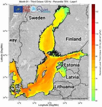 Ljudmiljön i Östersjön 125 Hz, 75 % av tiden EU LIFE prjekt BIAS Standardiserade mätningar 37 psitiner under 2104