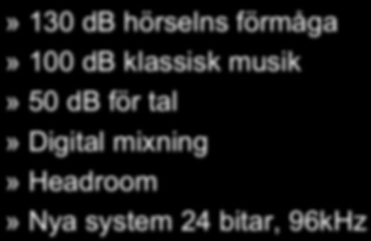 Krav på upplösning» 130 db hörselns förmåga» 100 db klassisk musik» 50 db för tal»