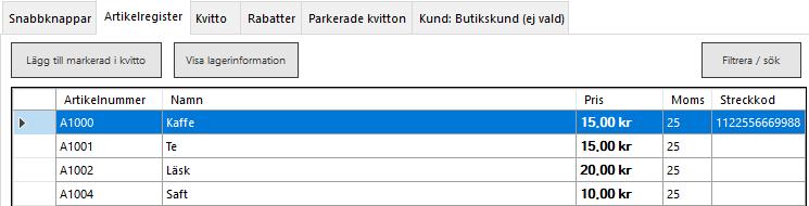 5.1.4 Använd artikelregistret Under fliken Artikelregister hittar du alla dina artiklar. Markera artikeln du vill lägga till och tryck på Lägg till markerad i kvitto.