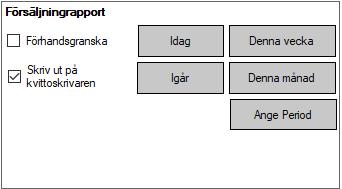 6.3 Skriv ut försäljningsrapport Du kan skriva ut en försäljningsrapport över valfri period: Gå till Inställningar > Kvitto, rapporter och skrivare I nedre högra hörnet finner du rutan för