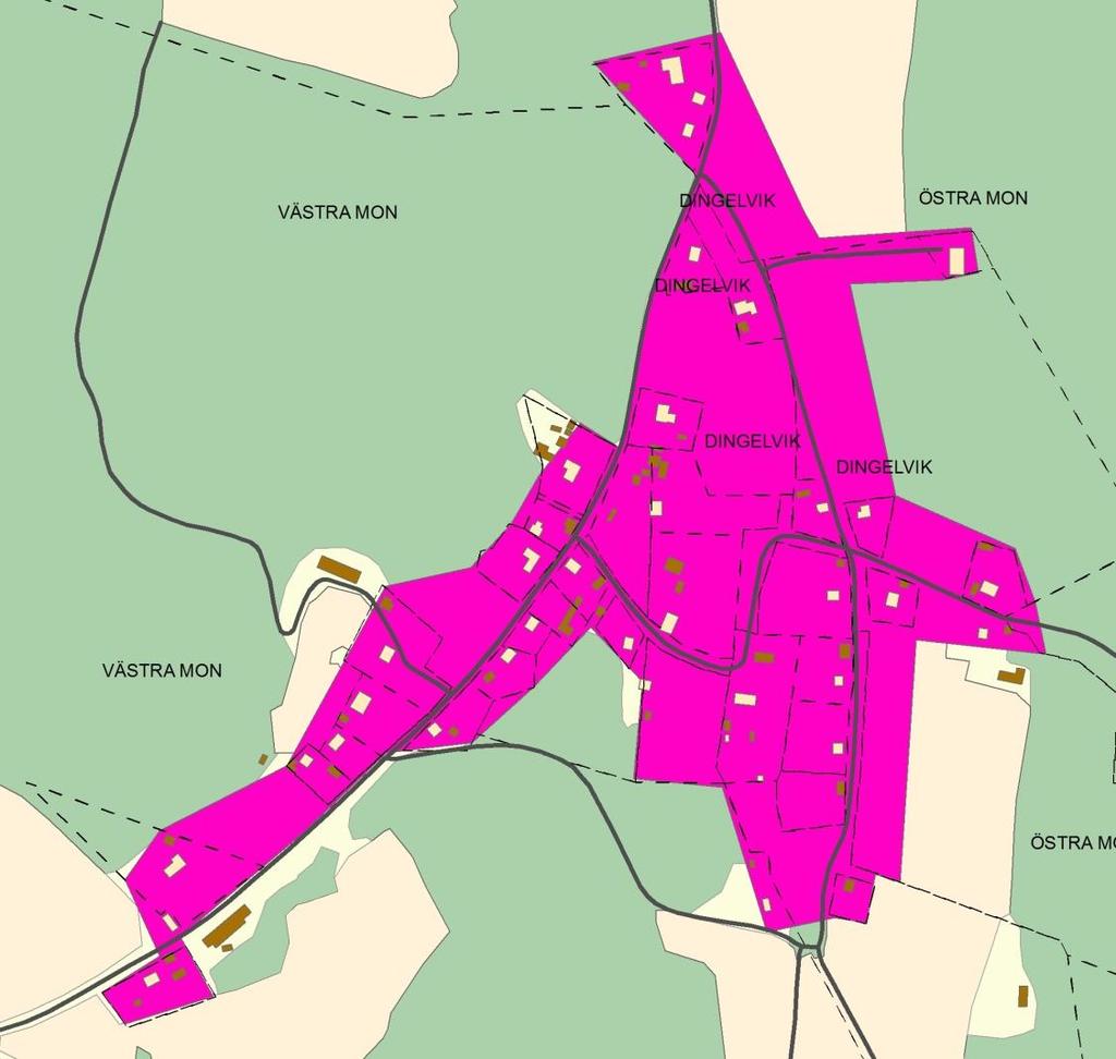 29 6. Landsbygd 6.1 Dingelvik Allmän orientering Bebyggelsen består av ett trettiotal friliggande småhus varav två tredjedelar är permanentboenden.