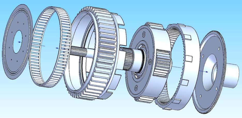 motoraxeln med splines, se A i Figur 5, och för vidare allt moment från MG2 till ringhjulet via