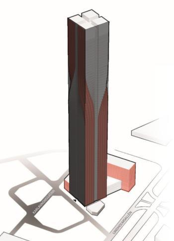 9/11 Fasad Karlatornet tar sin början i gaturummet och visar på byggnadens ursprung.